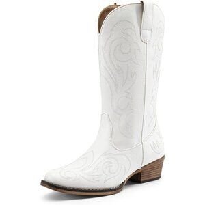 Dream Pairs Women's White Mid Calf Cowgirl Boots Square Toe Chunky Heel Shoes